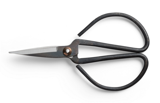 pair of traditional Japanese forged iron bonsai scissors isolated over a transparent background, craft, art or floristry design element, top view / flat lay