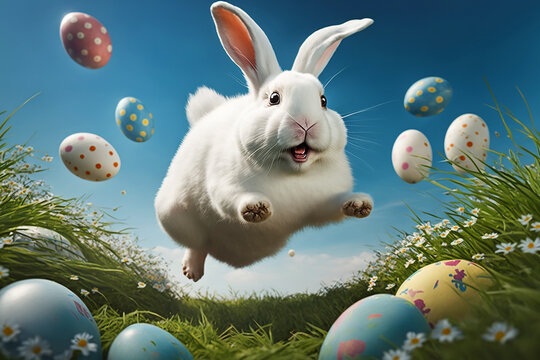 happy Easter bunny jumping with joy 