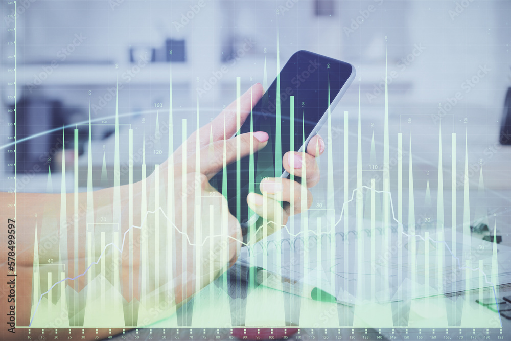 Poster Double exposure of man's hands holding and using a digital device and forex graph drawing. Financial market concept.