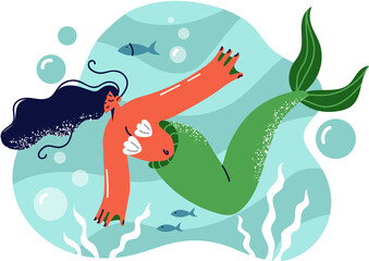 Fantastic mermaid from myths and fairy tales swims underwater among fish and algae