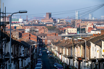 Fototapeta na wymiar Georgian terraced houses looking down on slate rooftops in the City of Liverpool England UK