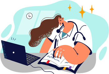 Female doctor works in field of telemedicine consulting patients via Internet in laptop