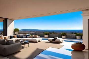 Fototapeta premium Impressive Penthouse Terrace With A Swimming Pool Overlooking Rome. Generative AI