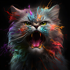Brave multi colored grey cat brave teeth