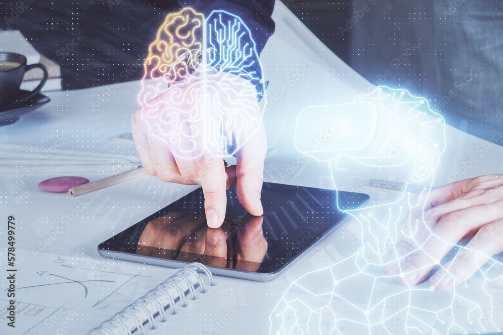 Poster double exposure of man's hands holding and using a digital device and ar glasses drawing. virtual re