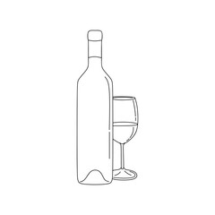 Wine in a linear style isolated on a white background. Hand drawing Wine glass and bottle minimal style. Black and white vector illustration