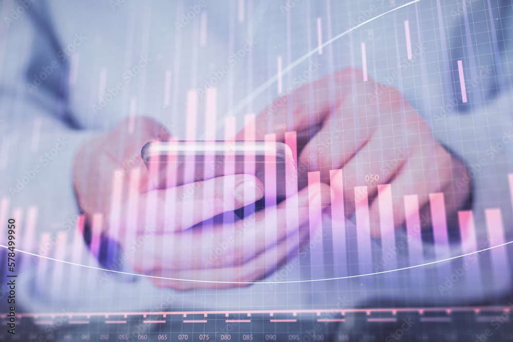 Poster double exposure of man's hands holding and using a digital device and forex graph drawing. financial