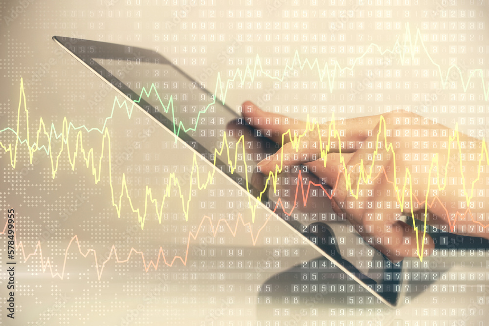 Poster multi exposure of man's hands holding and using a digital phone and forex graph drawing. financial m