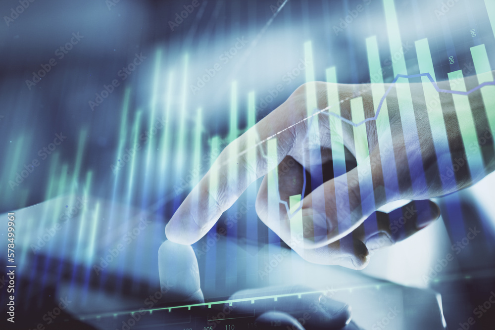 Poster multi exposure of man's hands holding and using a digital phone and forex graph drawing. financial m