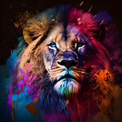 Multicolored portrait of face first calm and brave lion