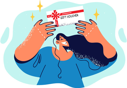 Happy woman showing gift voucher for free shopping or discounted spa visit for bearer of coupon