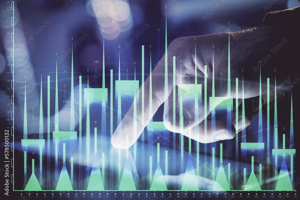 Poster multi exposure of man's hands holding and using a phone and financial chart drawing. market analysis