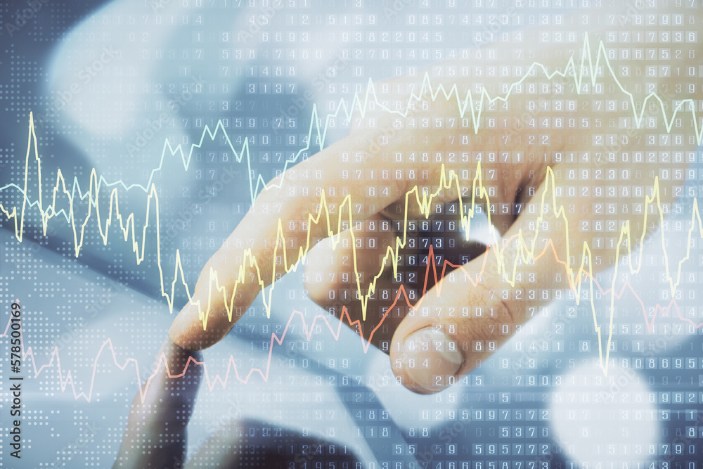 Poster multi exposure of man's hands holding and using a phone and financial chart drawing. market analysis