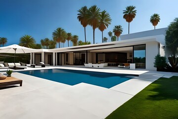Fototapeta premium Luxurious Home, Outdoor Living Concept With Private Oasis, Modern Minimalist Architecture Design, Backyard Swimming Pool And Palm Trees. Generative AI