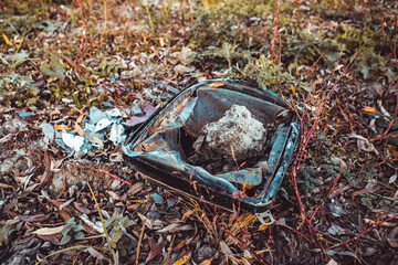 Image of broken crashed smashed to smithereens old vintage dead retro TV set trashed screen antique television with stone rock