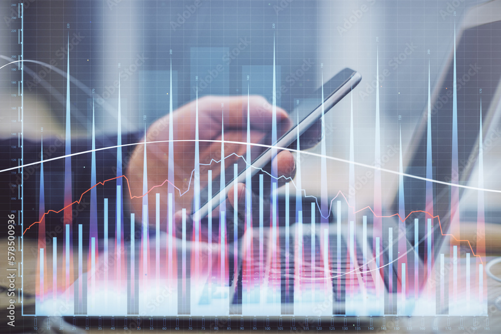 Poster Double exposure of man's hands holding and using a phone and financial graph drawing. Analysis concept.