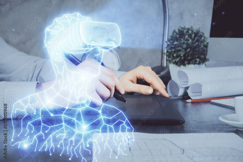 Poster double exposure of man's hands holding and using a digital device and ar glasses drawing. virtual re