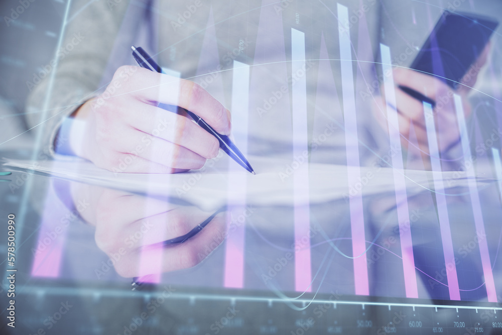 Poster double exposure of forex chart sketch hologram and woman holding and using a mobile device. financia