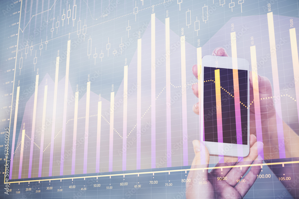 Poster double exposure of forex graph sketch hologram and woman holding and using a mobile device. stock ma