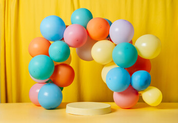 Fototapeta na wymiar Minimal product podium stage with multicolor pastel color balloons in geometric shape for presentation background. Abstract background and decoration scene template. Easter holidays