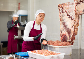 Young female butcher showing how minced meat is prepared in butchery