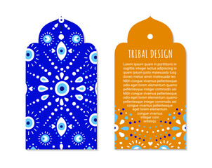 Turkish evil eye symbol tags. Protection from the spoilage signs. Oriental tag curly shaped design. Ethnic arabian ornamental label. Asian brochure template. Eastern style EPS 10 vector illustration