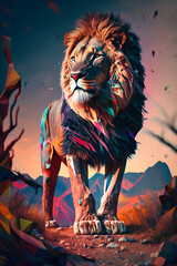 Multicolored lion in the sunset brave