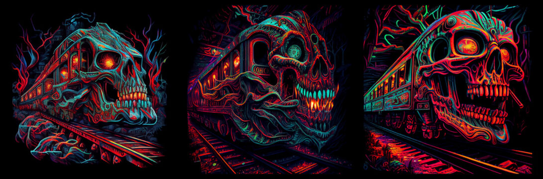Subway train like deadly scull on black background. AI generative.