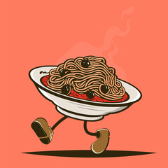 funny retro cartoon illustration of walking spaghetti