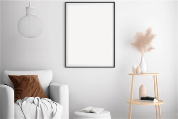 Interior poster mockup with vertical empty frame on wall in modern interior. Generative AI.