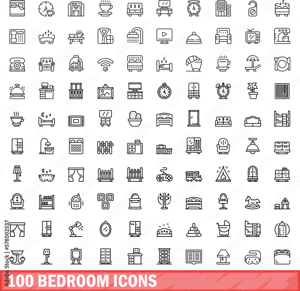 Sticker 100 bedroom icons set. Outline illustration of 100 bedroom icons vector set isolated on white background