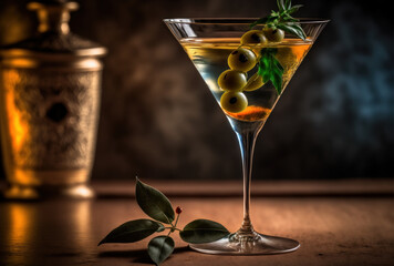 Gin martini, classic cocktail, timeless sophistication, elegant. Dry martini, shaken or stirred, refined and smooth. GENERATIVE AI