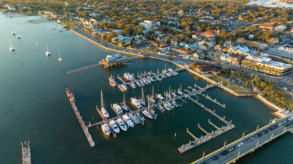 Drone shot of boats and yacht  in the Matanzas River, St. Augustine, FL.