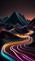 Montanhas e ondas em neon noturnas IA Generativa