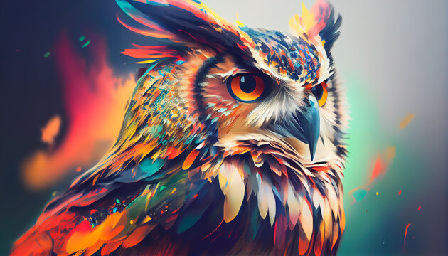 Abstract animal Owl portrait with colorful double exposure paint. Generative AI