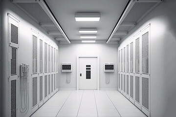 Photorealistic image of a empty server room. Generative AI