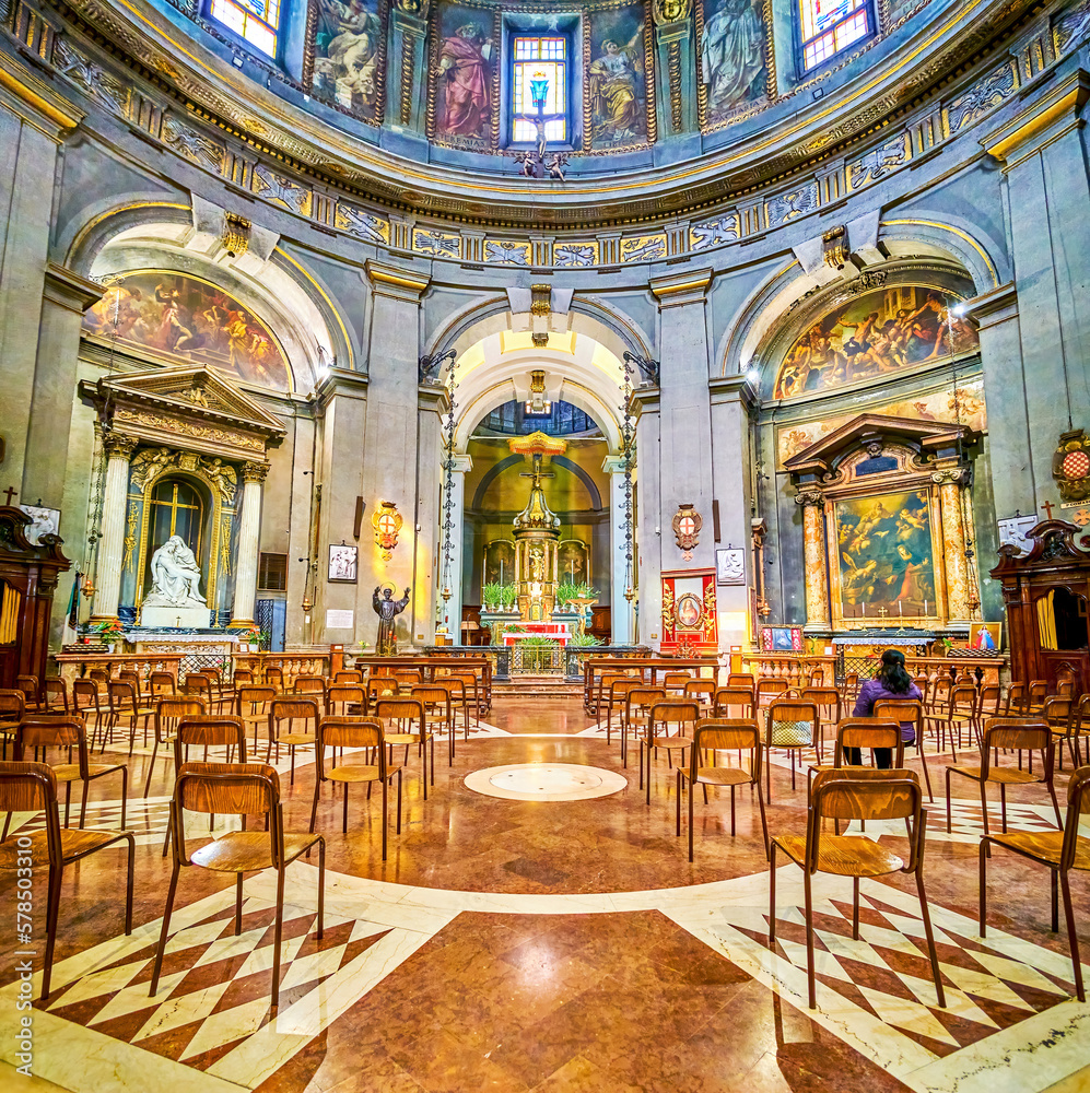 Poster The prayer hall of Temple of San Sebastiano with Altar and chapels, on April 11 in Milan, Italy