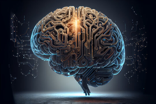 Glowing human brain with technologic details. Generative AI.