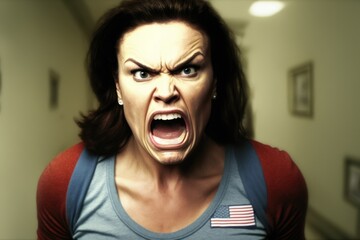 Angry mature american woman screaming. at you. Generative AI