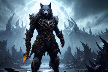 Fototapeta premium Wolf Evil werewolf , Splash art wearing armor , animal night . Generative ai