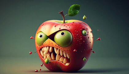 Red apple with evil face, angry