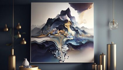 abstract mural of a mountain hanging on the wall