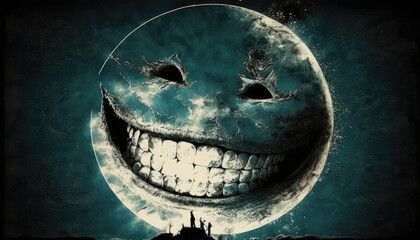 grinning full moon with big teeth, halloween