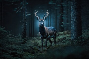 Deer in the Forest at Night. Generative AI