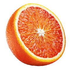 Ripe half of blood red orange citrus fruit isolated on transparent background. Full depth of field.