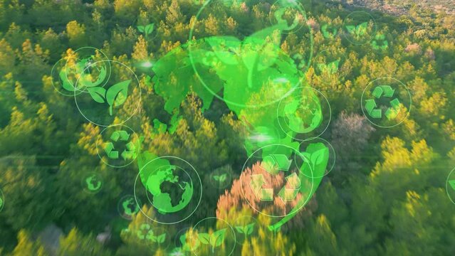 Green forest aerial view and environmental technology concept. Green tech. Ecology. Green transformation. GX. SDGs. High quality 4k footage