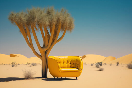 A lone yellow leather upholstered armchair in a desert oasis, created with Generative AI technology