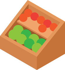 Vegetable counter icon isometric vector. Wooden rack with bright fresh vegetable. Food market stall, farm produce, street trading