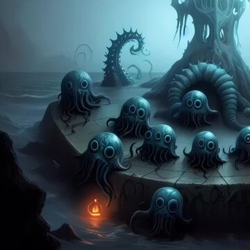 Journey through a Cthulhu Nightmare Landscape with Ancient Monsters, a Mysterious Traveler, a Cursed Village, Skulls, Tentacles, an Ocean Voyage, and Tall Ships. [Halloween / Horror Animation.]