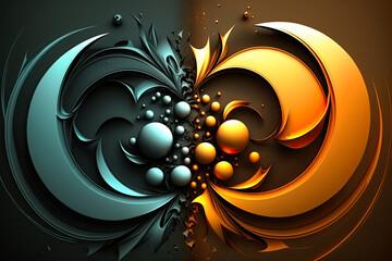 Symmetric teal and orange abstract background with circles and crescent shapes, AI generated illustration